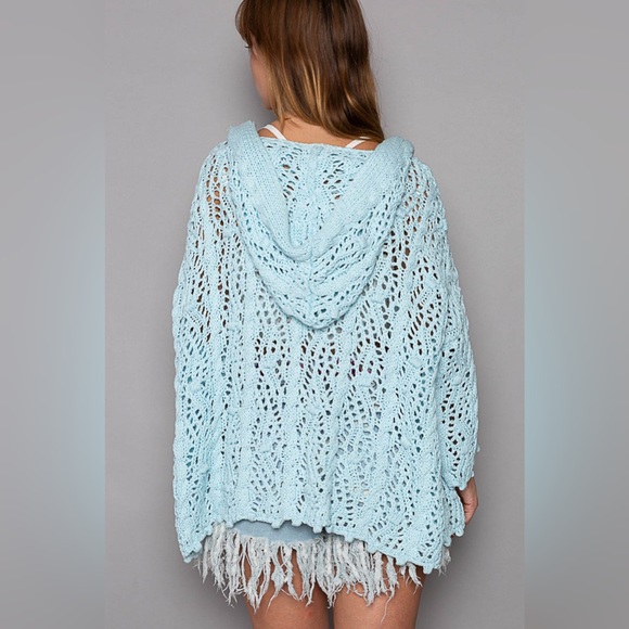 POL Bohemian Baby Blue Crochet Hooded Cardigan | Lightweight Knit Sweater Top - Picture 2 of 6